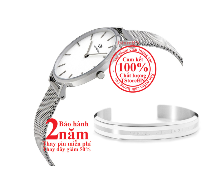[NEW] Hộp quà đồng hồ nữ DanieI Wellington Classic Petite Sterling 28mm (Mặt trắng) + Vòng tay DW Bracelet - màu bạc (Silver)- DW00500428