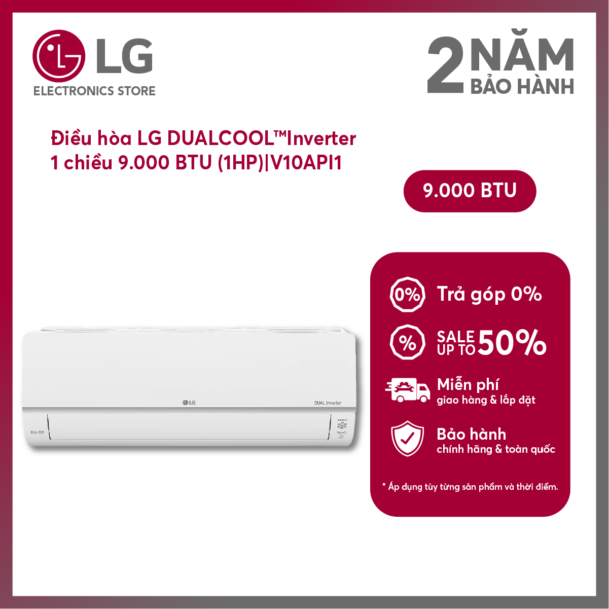 [FreeSHIP COD HN + công Lắp nội thành HN] Điều hòa LG DUALCOOL™ Inverter 1 chiều 9.000 BTU (1HP) - V10API1