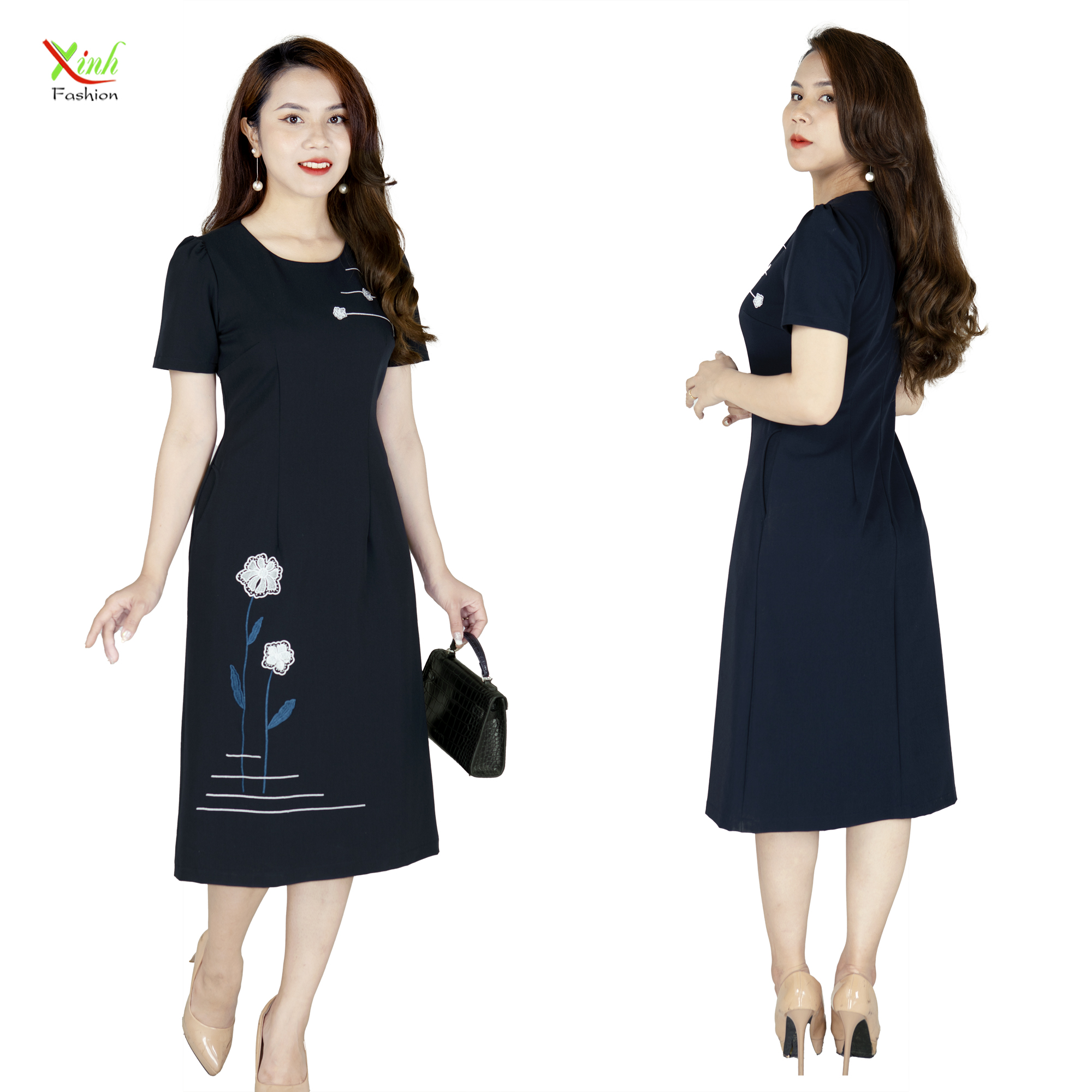Đầm Suông A Thêu Hoa Nổi Xanh Đen Cực Sang Tạo Dáng Gọn DL875