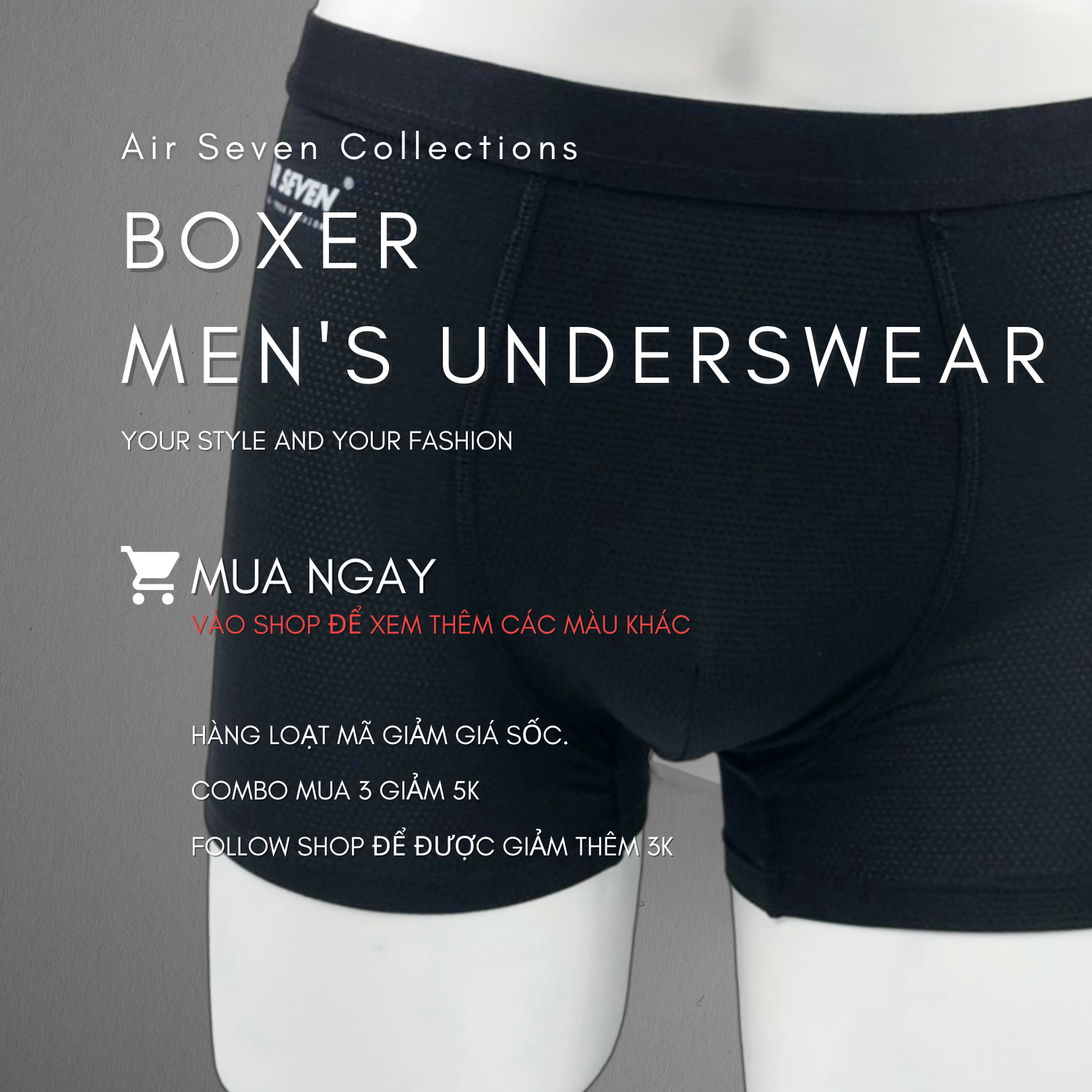 Quần lót nam Boxer Đen co giãn 4 chiều Air Seven