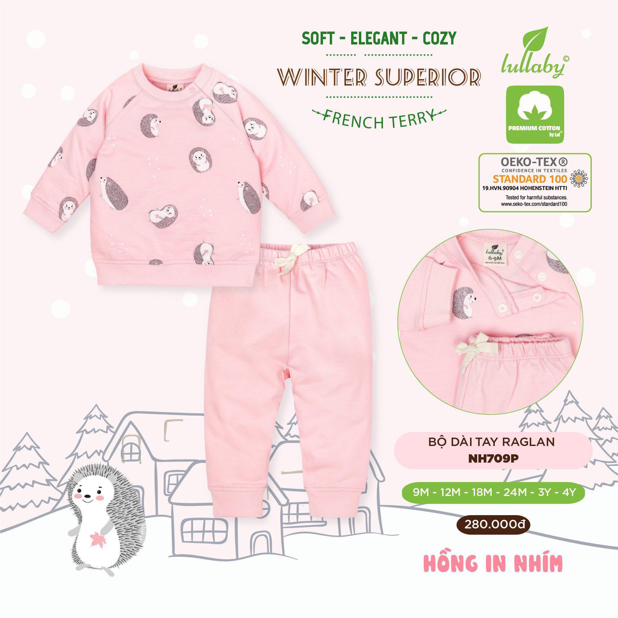 [CHÍNH HÃNG] Bộ nỉ cotton dài tay raglan in họa tiết thu đông trẻ em Lullaby
