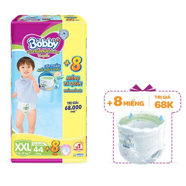 BỈM - TÃ QUẦN BOBBY SIZE XL - 62 MIẾNG (CHO BÉ 12 - 17KG)
