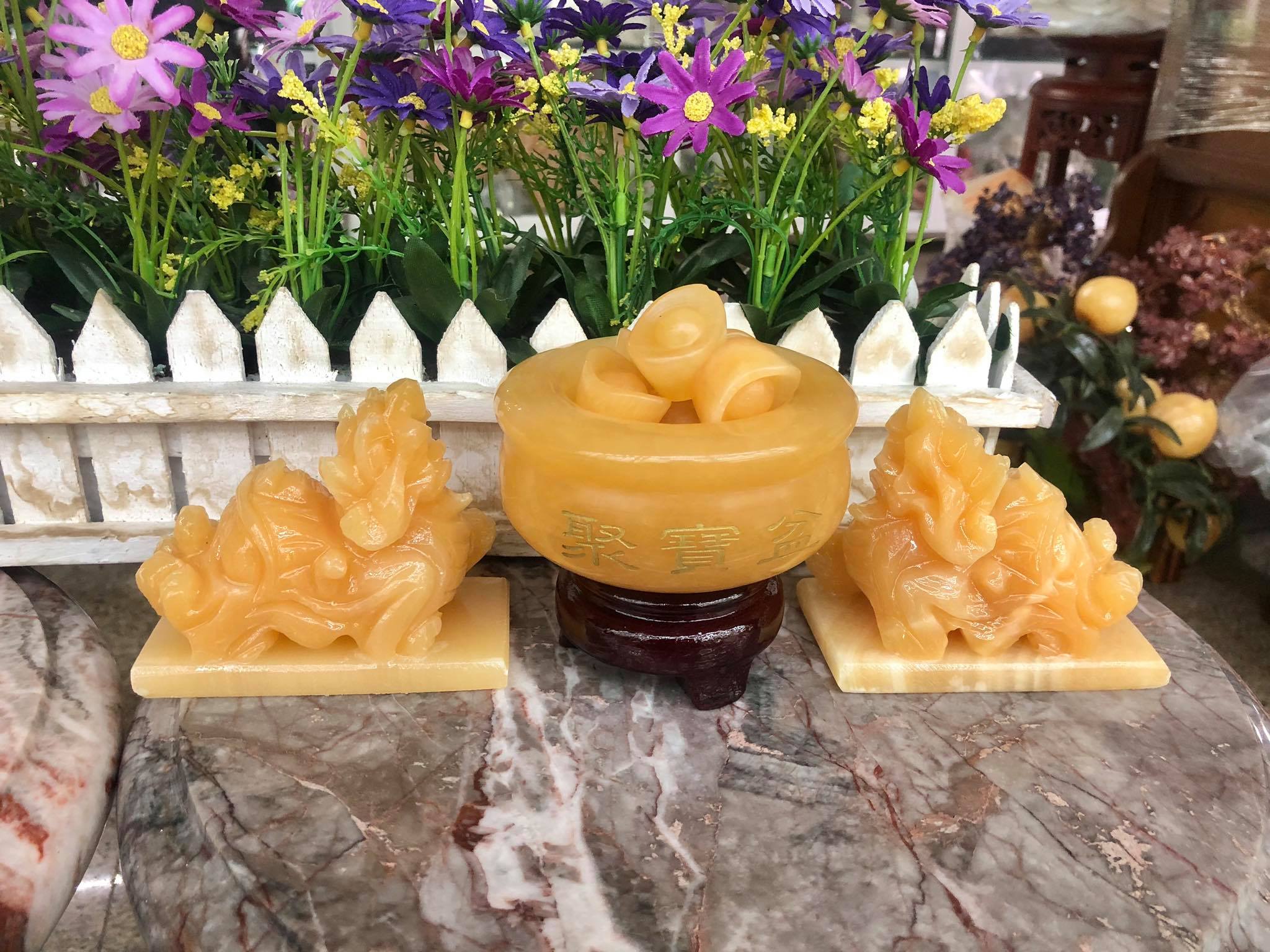 Bộ combo Tỳ Hưu dài 10cm và Bát tụ bảo, bát tụ tài, bát tụ lộc, bát vàng phong thủy đường kính 10cm chiêu nạp tài lộc đá ngọc hoàng long