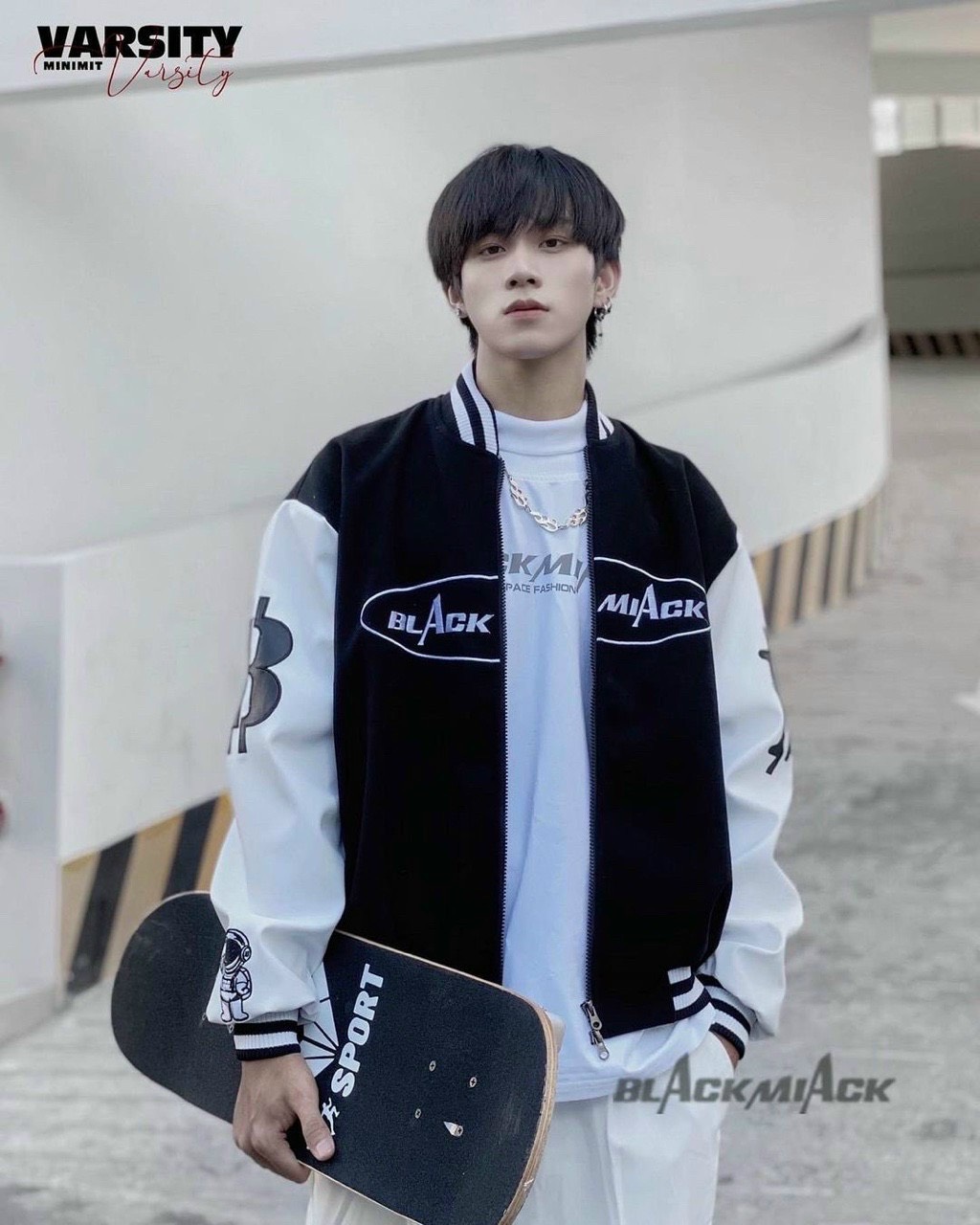 Áo khoác dù bomber unisex phối tay cúc bấm