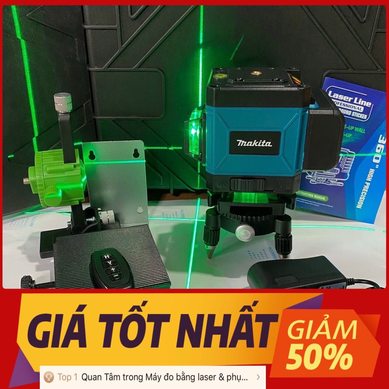 Cân mực Laser 12 Tia  2 Pin- Quay 360 độ có điều khiển từ xa có giá nhôm lấy thăng bằng-Tặng bộ từ hít treo tường,có chân cao 1.2m hôm nay