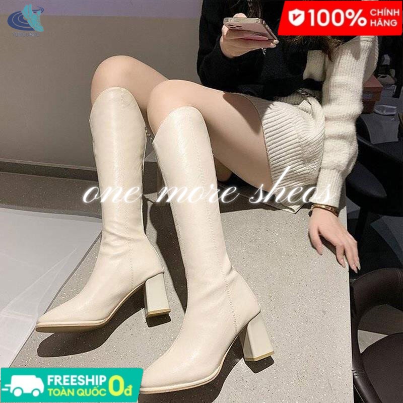 YUNGUANG Nữ Dày Gót Vuông Mũi Tới Đầu Gối Giày Nỉ Cao Cấp Hiệp Sĩ Giày