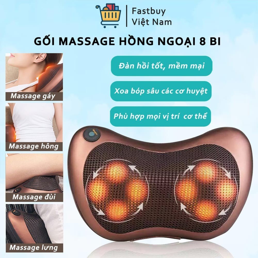 Gối Massage/ Gối Mát Xa 8 Bi Hồng Ngoại Công Nghệ Nhật Bản Đảo Chiều + Tặng đầu cắm sạc trên ô tô