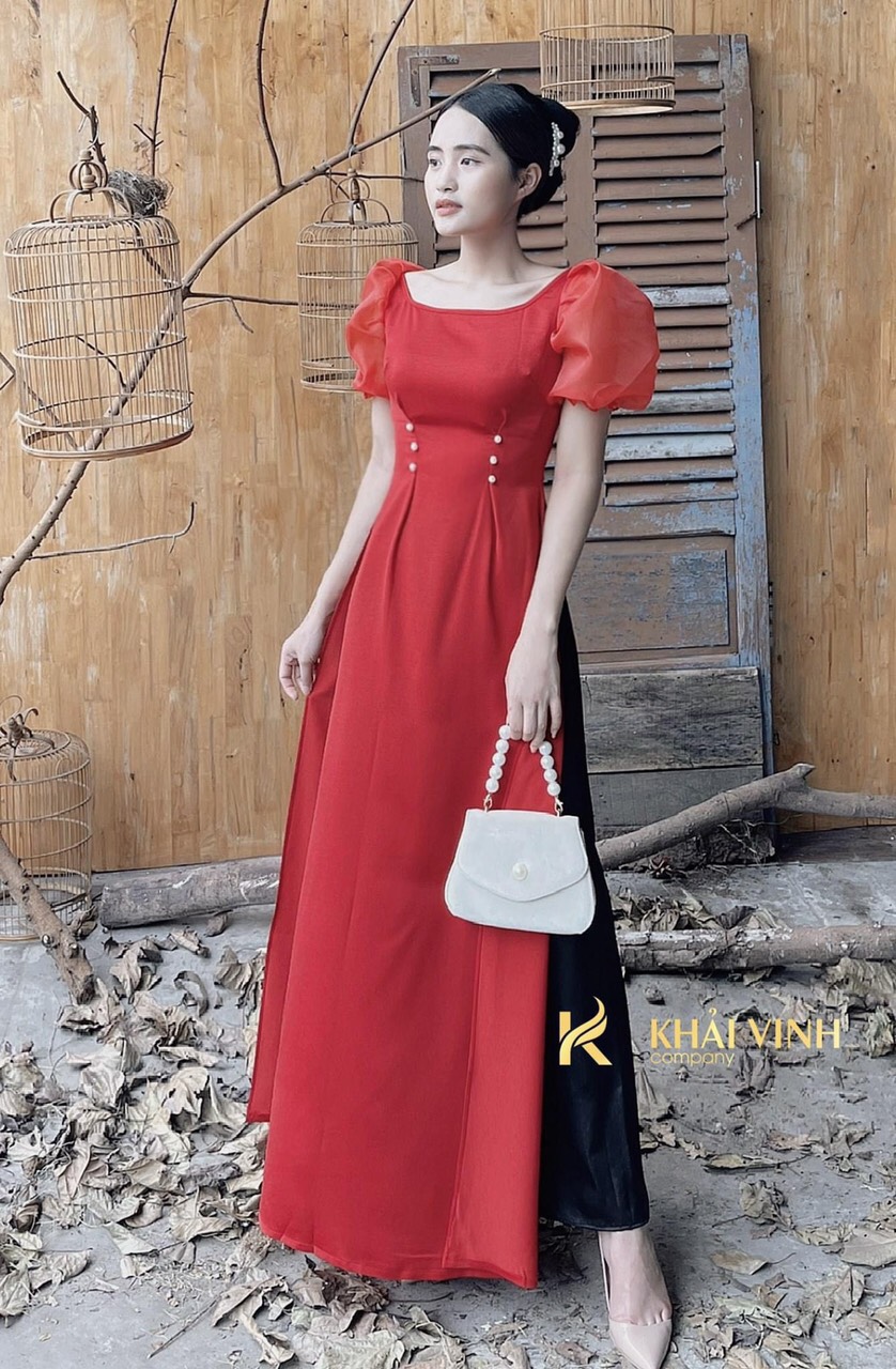 Bộ Áo Dài Thiết Kế Cổ Vuông Tay Bồng Màu Đỏ Mẫu Mới Nhất | Lazada.Vn