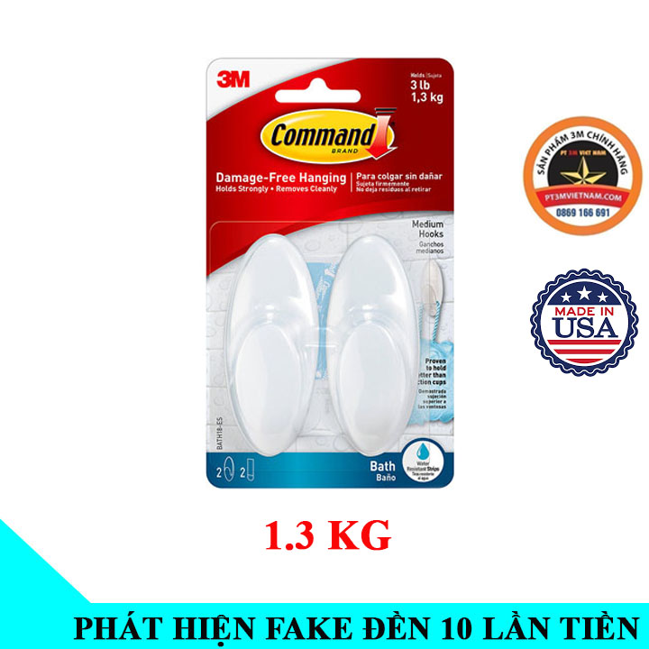 Vỉ 2 móc treo tường nhà tắm 3M Command 1.3kg