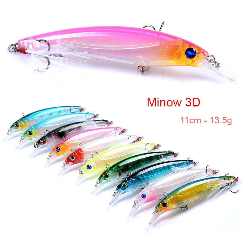 Mồi câu lure Minow 3D dài 11cm nặng 13,5g đặc biệt nhạy cá chẽm lá, Tráp, Hồng - Mồi minow 3D ( Ngu Long )
