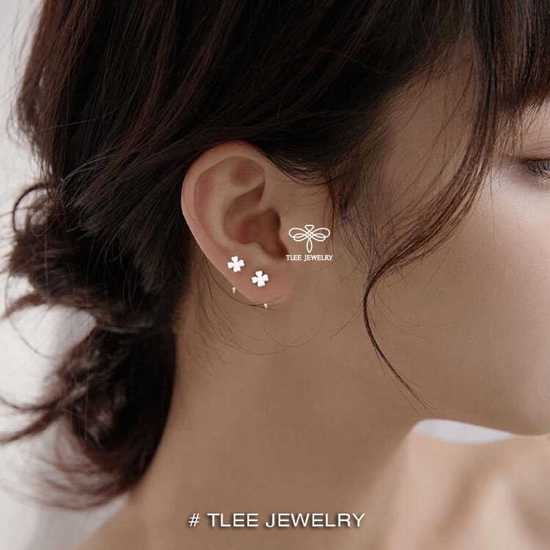 Khuyên tai bạc nữ TLEE móc cỏ bốn lá trơn basic TleeJewelry B0257