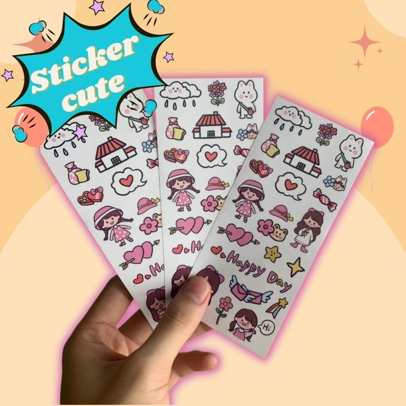 Sticker dán cute, bé gái dễ thương, happy day