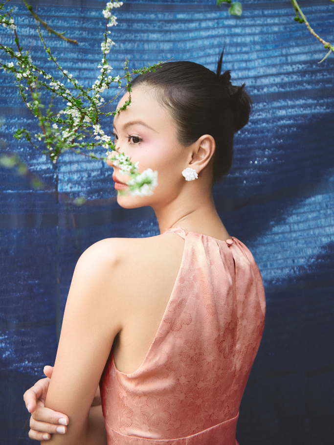 COCO SIN - Set Áo Dài Lụa Gấm Hồng Nude