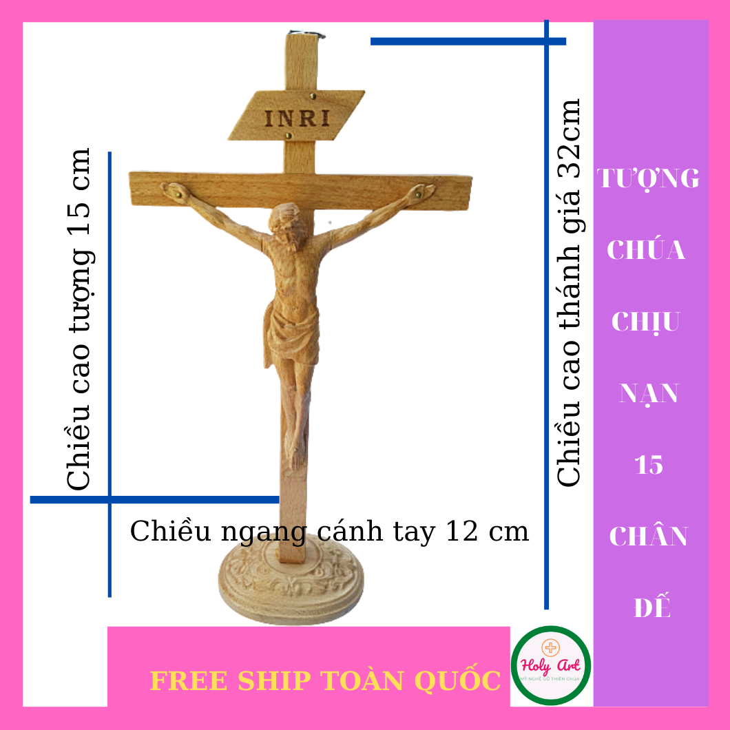 [HCM]TƯỢNG CHÚA CHỊU NẠN BẰNG GỖ+CHÂN ĐẾ{HOLY ART} TƯỢNG CHÚA CAO 15cm THÁNH GIÁ + CHÂN CAO 32cm MÀU VÀNG NHẠT [FREE SHIP TOÀN QUỐC] TƯỢNG THỜ CẦU NGUYỆN