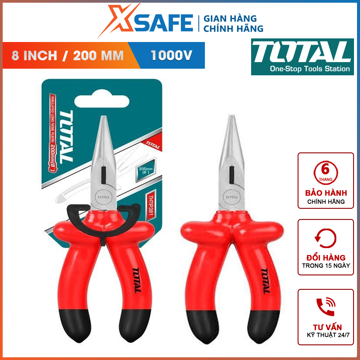 Pliers beak pointed long insulated 1000V total THTIP381 8inch nippers insulating material steel c-rv Super durable hard cutting plucking resistant electrical wire high voltage 1kV distribution genuine xsafe