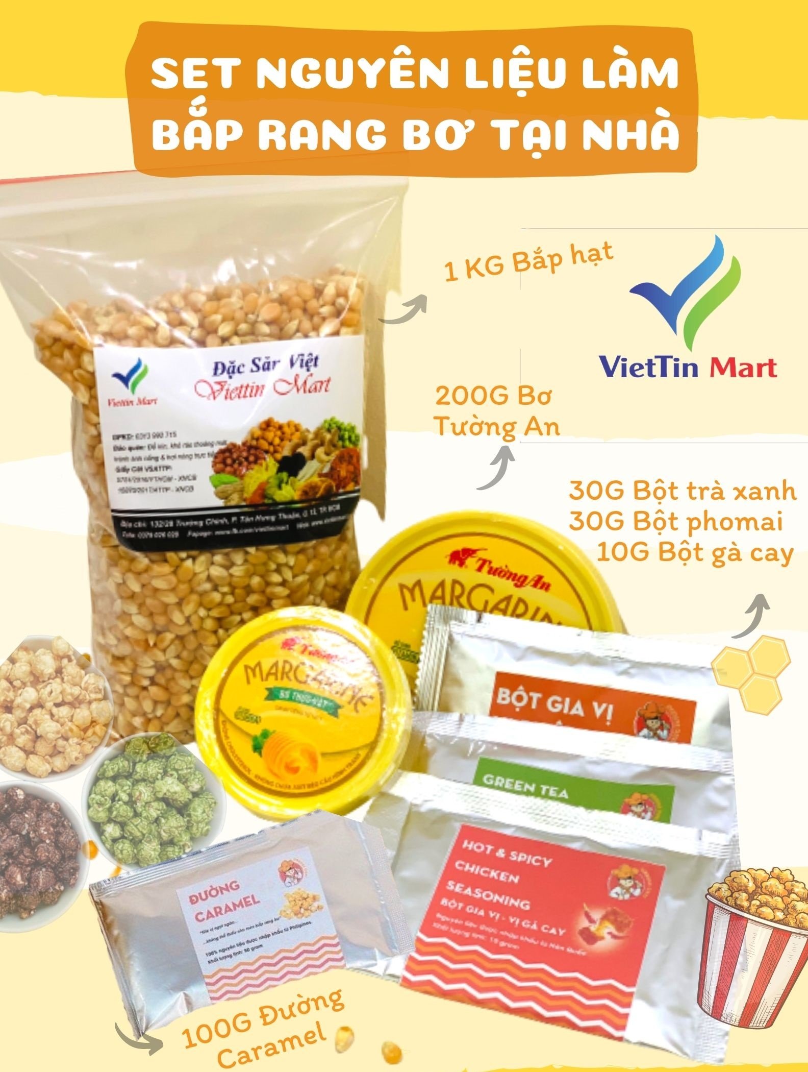 SET nguyên liệu làm BẮP RANG BƠ (1kg bắp + 200g bơ + 50g caramel+ 30g bột trà xanh, 10g gà cay, 30g phomai)-VIETTIN MART