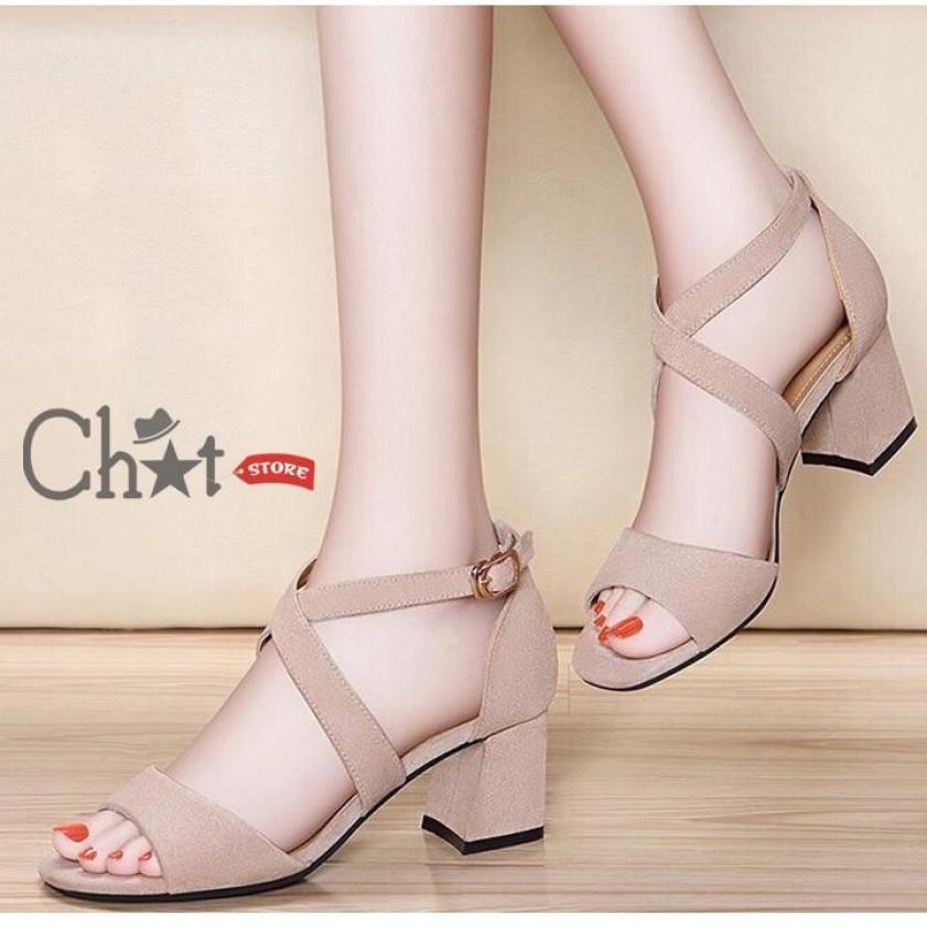 Giày Cao Gót 5cm Đế Vuông Dây Cài Mảnh Đan Chéo Suede giá rẻ