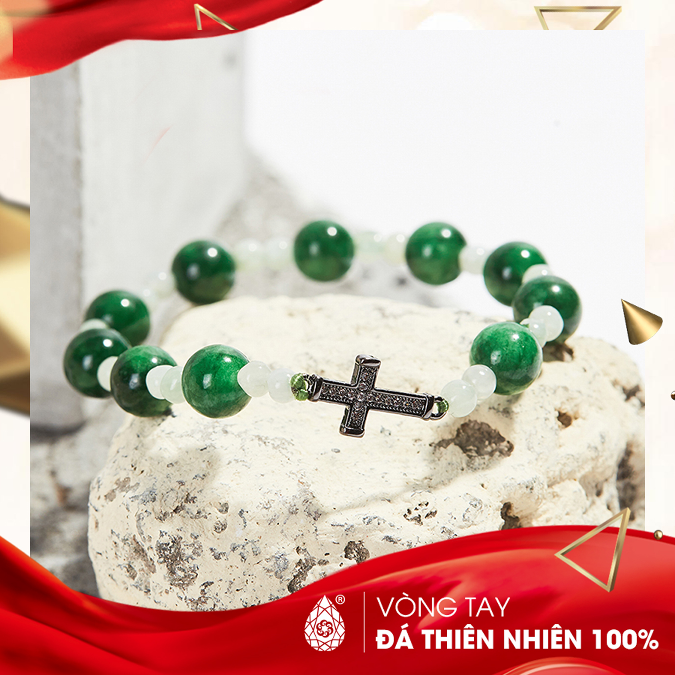 [HCM]Vòng chuỗi mân côi đá Cẩm Thạch Sơn Thủy 10mm mix charm Thánh Giá - Ngọc Qúy Gemstones