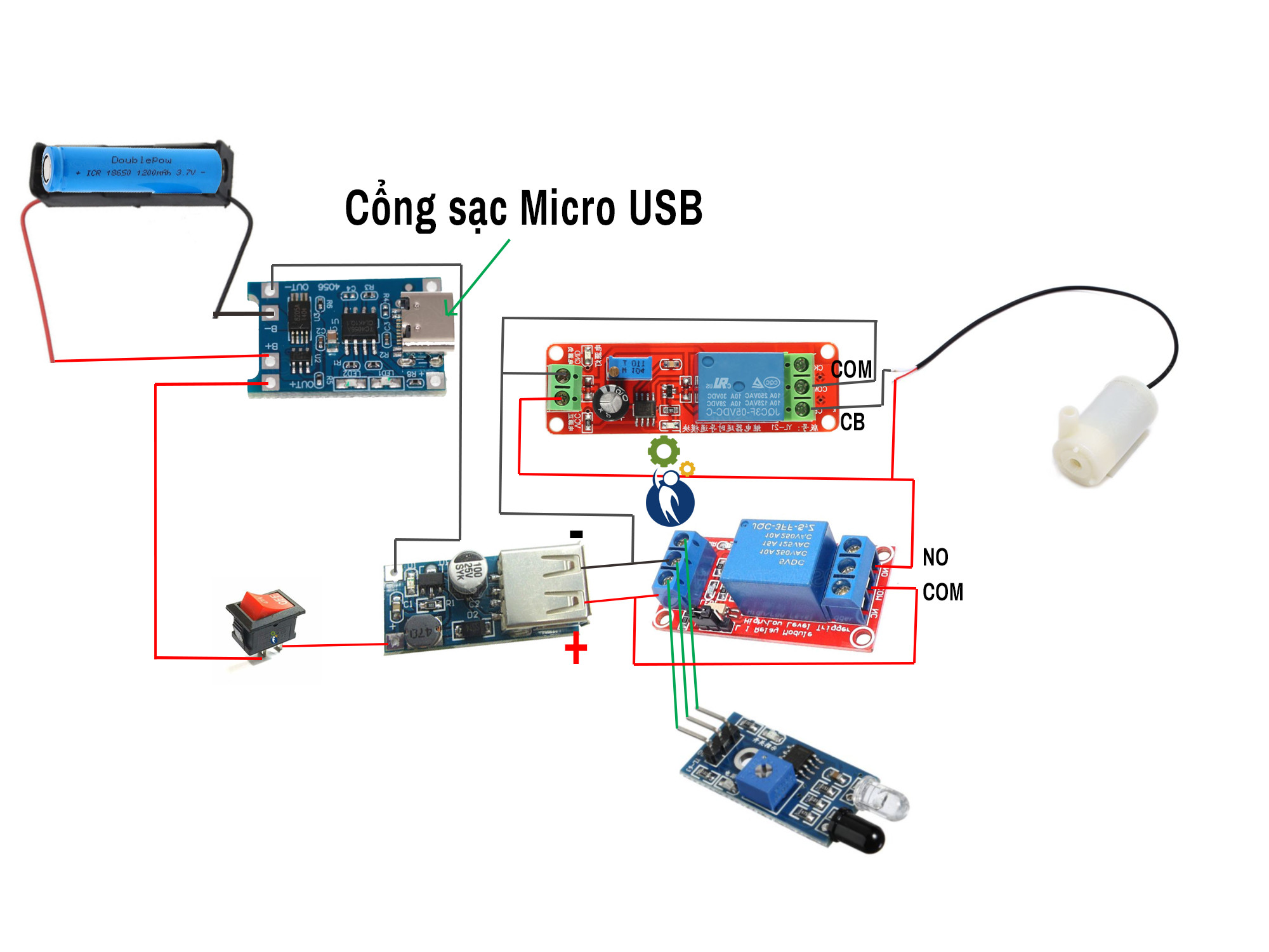 Bộ Linh Kiện Chế Máy Rửa Tay Máy Rót Ruou Dùng Pin Sạc 18650 Có Cổng Sạc Micro USB