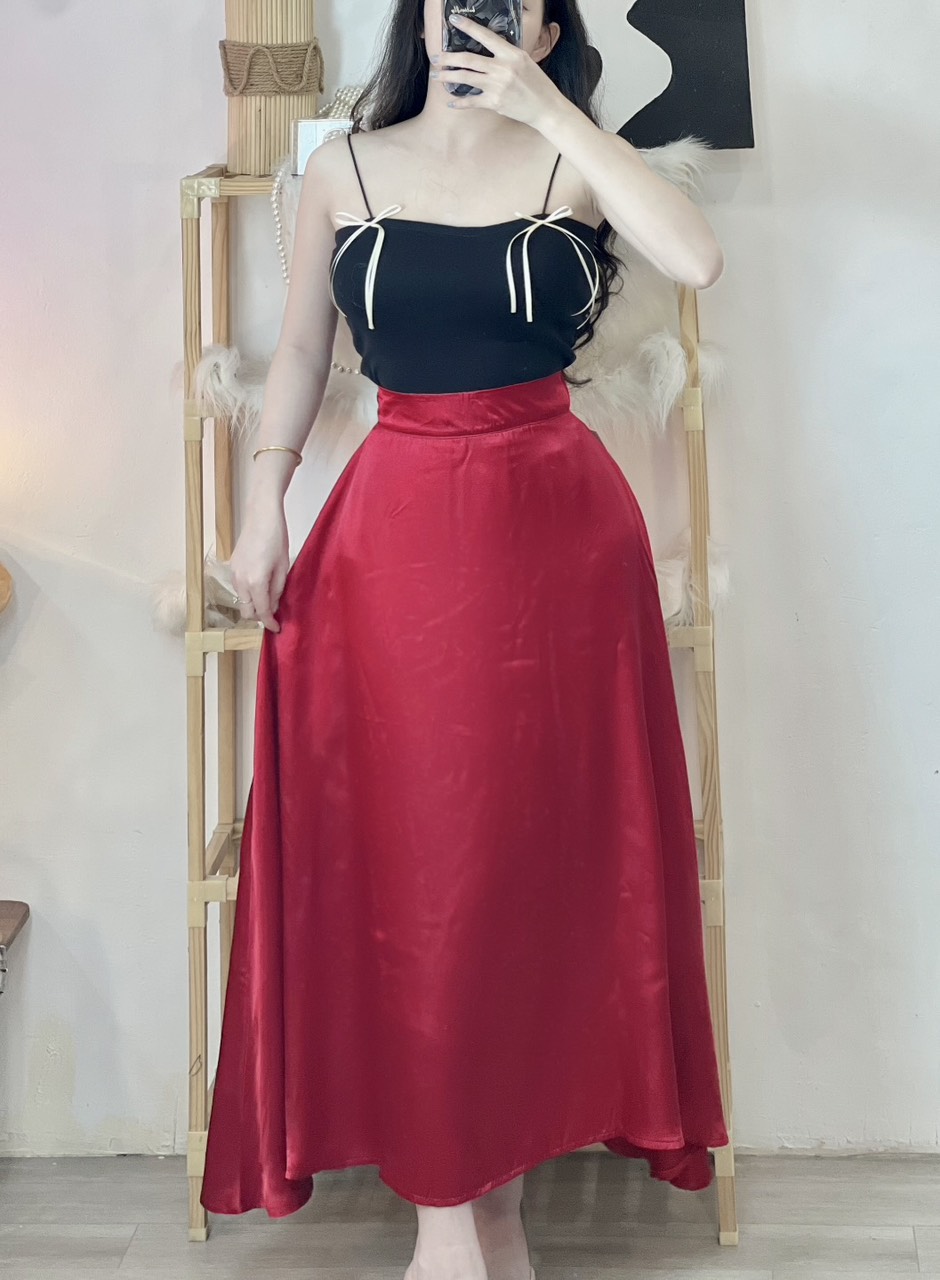Chân váy midi lụa phi bóng dáng dài form chữ A xòe dài mix đồ đi biển TU