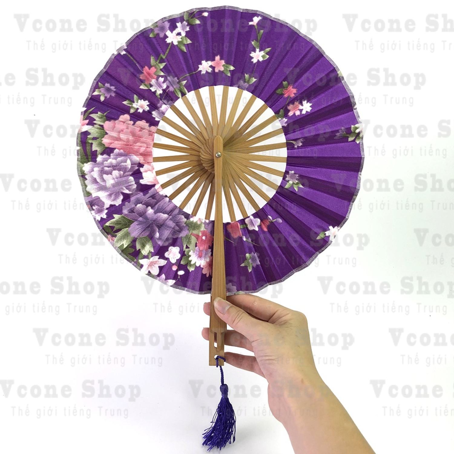 Quạt tròn xếp cổ phong nan gỗ cầm tay phong cách cổ trang Nhật Bản