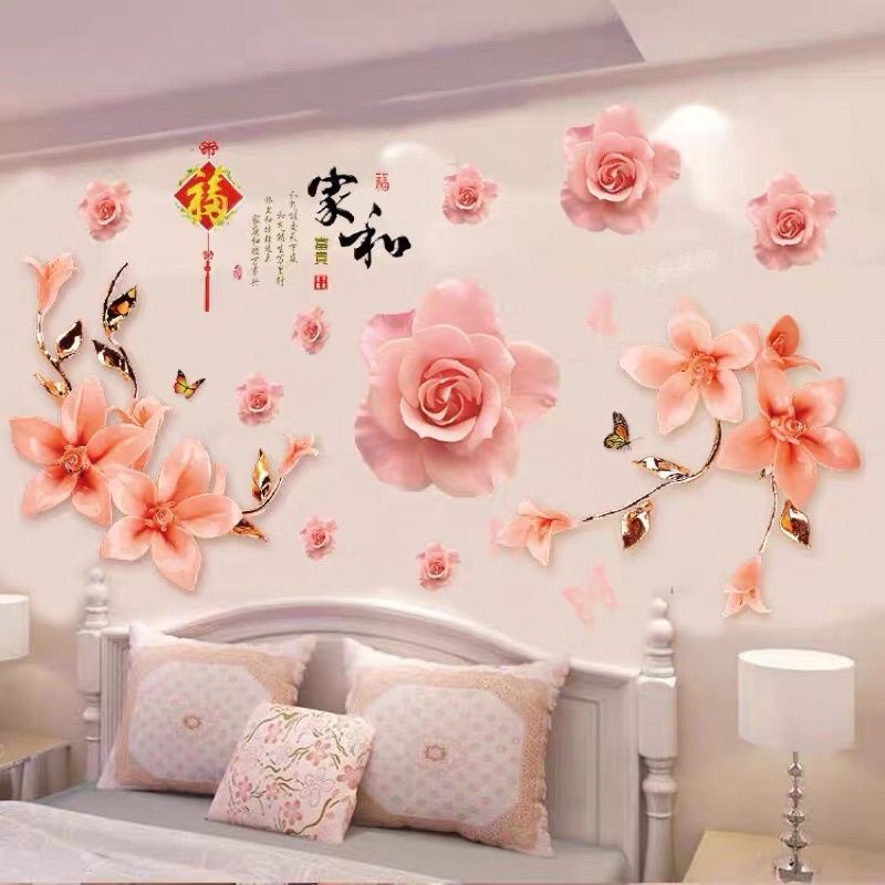 Decal dán tường hoa hồng phấn và hoa cam [ size lớn]