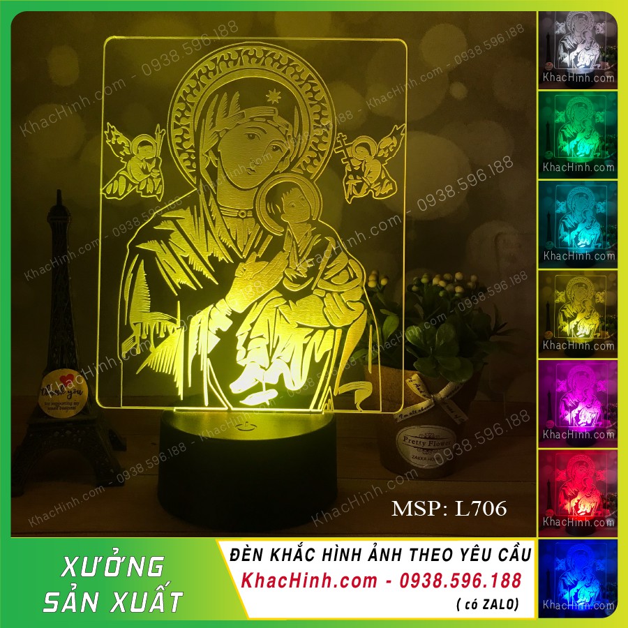 Đèn tranh Đức Mẹ Hằng Cứu giúp, Đèn thờ Đức Mẹ hằng cứu giúp , đèn 16 màu kèm remote đổi màu tự động, khắc hình theo yêu cầu, khachinh.com