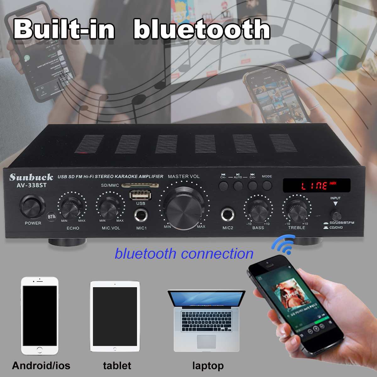 Amply karaoke SUNBUCK AV-338ST - Hàng chính hãng - Công suất cao, 50/60Hz HIFI kỹ thuật số âm thanh stereo loa vali 5 kênh hỗ trợ 2 micro AUX đầu vào Shop Lucky Home Store