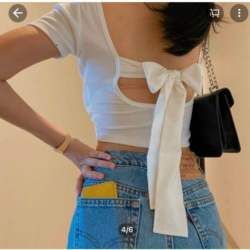 [HCM]áo thun gân cột nơ lưng croptop cổ vuông