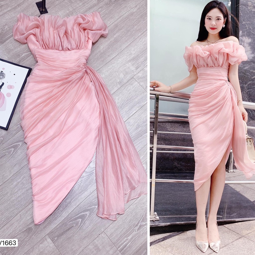 Váy body hồng trễ vai xếp li bèo eo