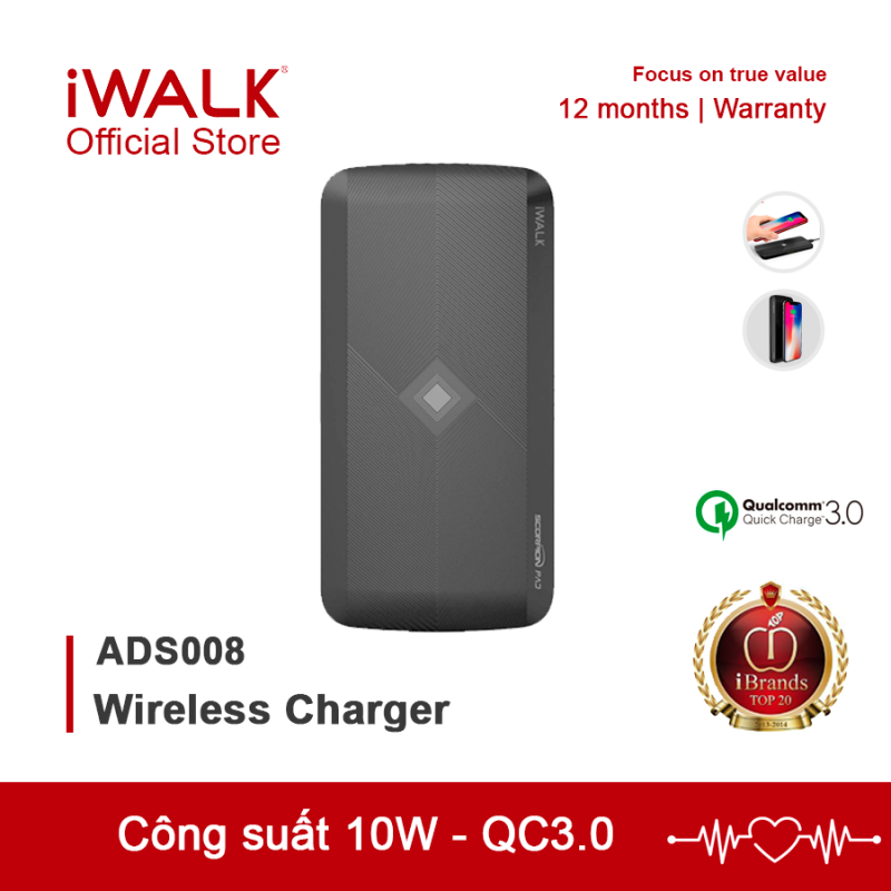 Đế sạc điện thoại không dây Qi - iWALK ADS008, hỗ trợ sạc nhanh QC3.0, vỏ PC chống cháy, sạc nhanh iPhone, Samsung,... - Bảo hành 12 tháng