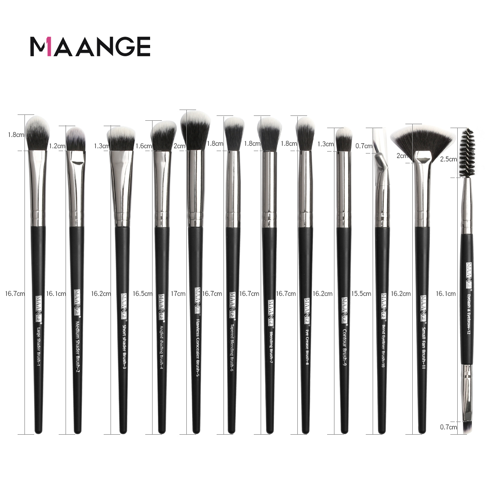 Bộ cọ trang điểm 12 cái Maange mới màu đen được làm chất liệu nhựa và tóc tổng hợp chất lượng cao an toàn không gây độc hại - INTL