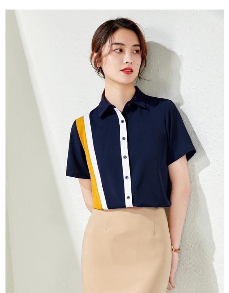 Áo Sơ Mi Nữ Ngắn Tay Vải Cotton Lụa Phối Hai Viền Thời Trang