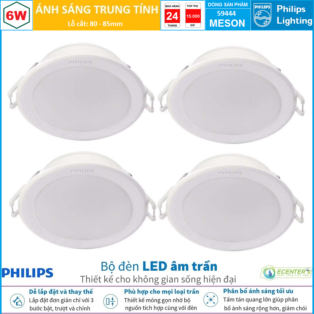 ( BỘ 4 ) ĐÈN LED ÂM TRẦN 6W PHILIPS DOWNLIGHT 59444 MESON G3 D80 ( PHÂN BỔ ÁNH SÁNG TỐI ƯU – GIẢM CHÓI MẮT )