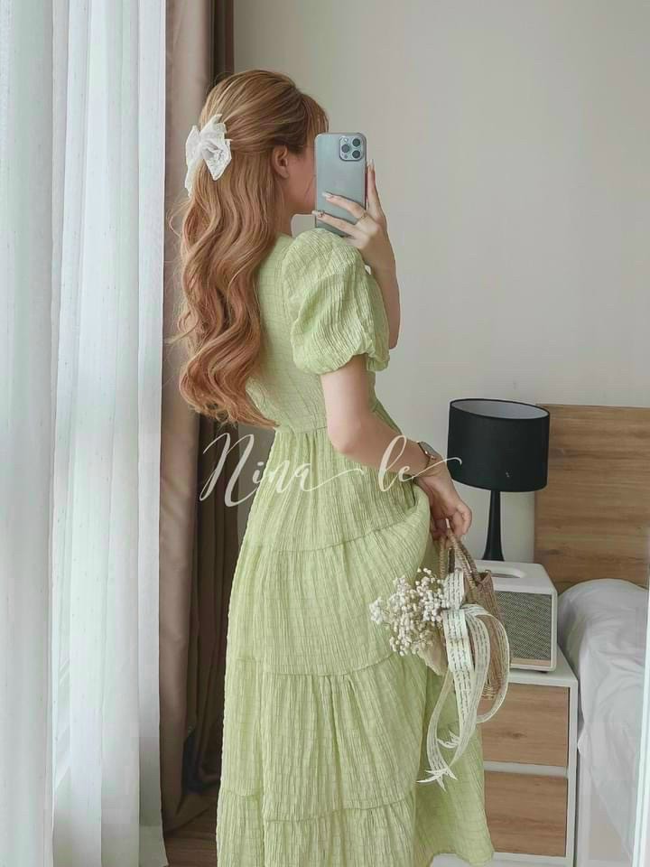 Đầm nữ xốp chỉ tay bồng kiểu dáng maxi tay bồng cực xinh xắn