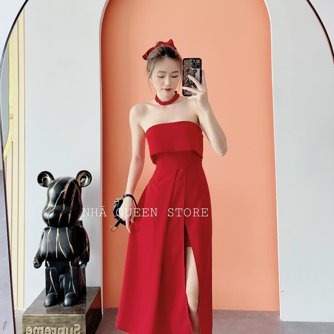 Đầm cúp ngực xẻ tà có dây cổ có lót quần có mút ngực