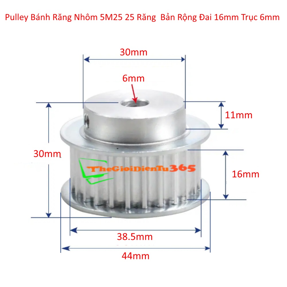 Pulley bánh răng nhôm 5M 25 răng bản đai 16mm trục 6mm