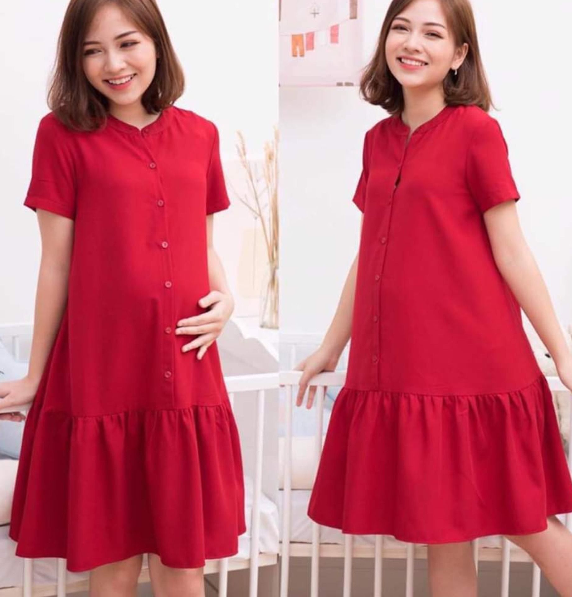 Váy bầu công sở thiết kế - đầm bầu cổ sơ mi lụa tằm mềm mát