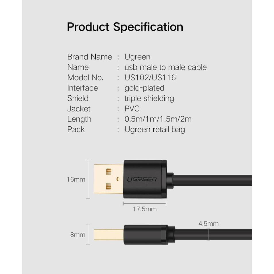 Cáp USB 2.0 hai đầu đực Ugreen 10308 dài 0,5m  - Hapuhouse
