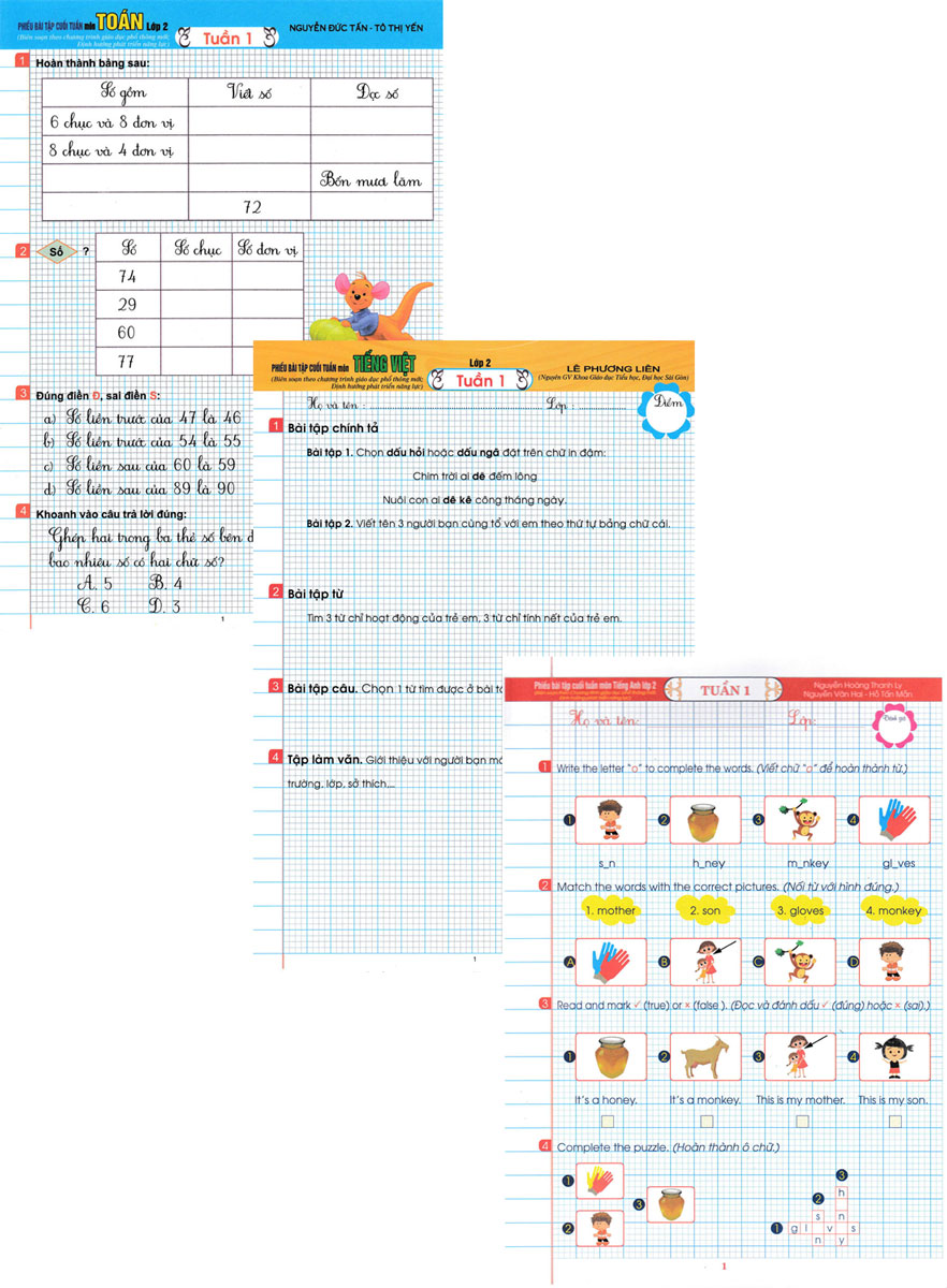 Combo Phiếu Bài Tập Cuối Tuần Môn Toán - Tiếng Việt - Tiếng Anh Lớp 2