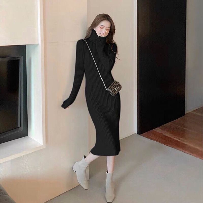 Váy len tăm cổ lọ ôm body dáng dài thời trang, Đầm body cổ lọ chất len mềm mịn co giãn phong cách hàn quốc, váy suông bánh bèo sang chảnh - LAMASS