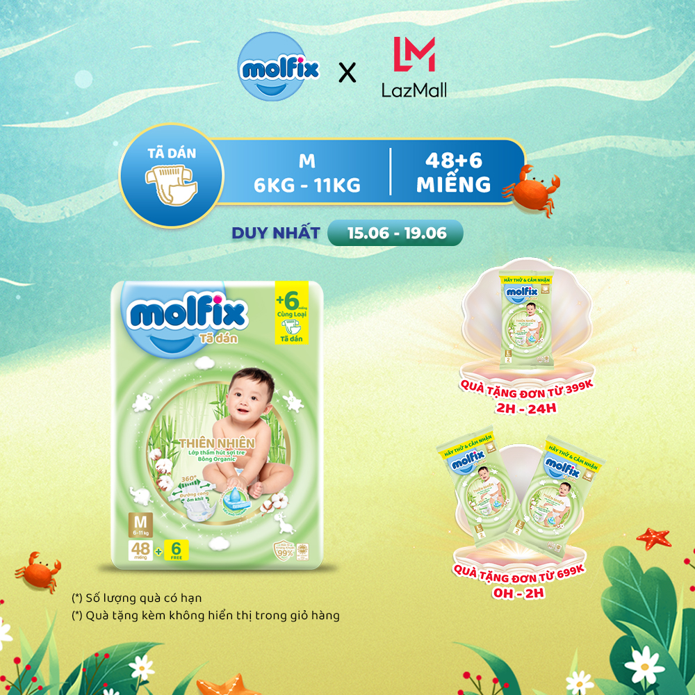 [Đơn 399K Tặng 2 miếng tã quần size L ]  Tã/bỉm dán Molfix Thiên nhiên Jumbo M (6kg - 11kg) - Gói 48+6 miếng