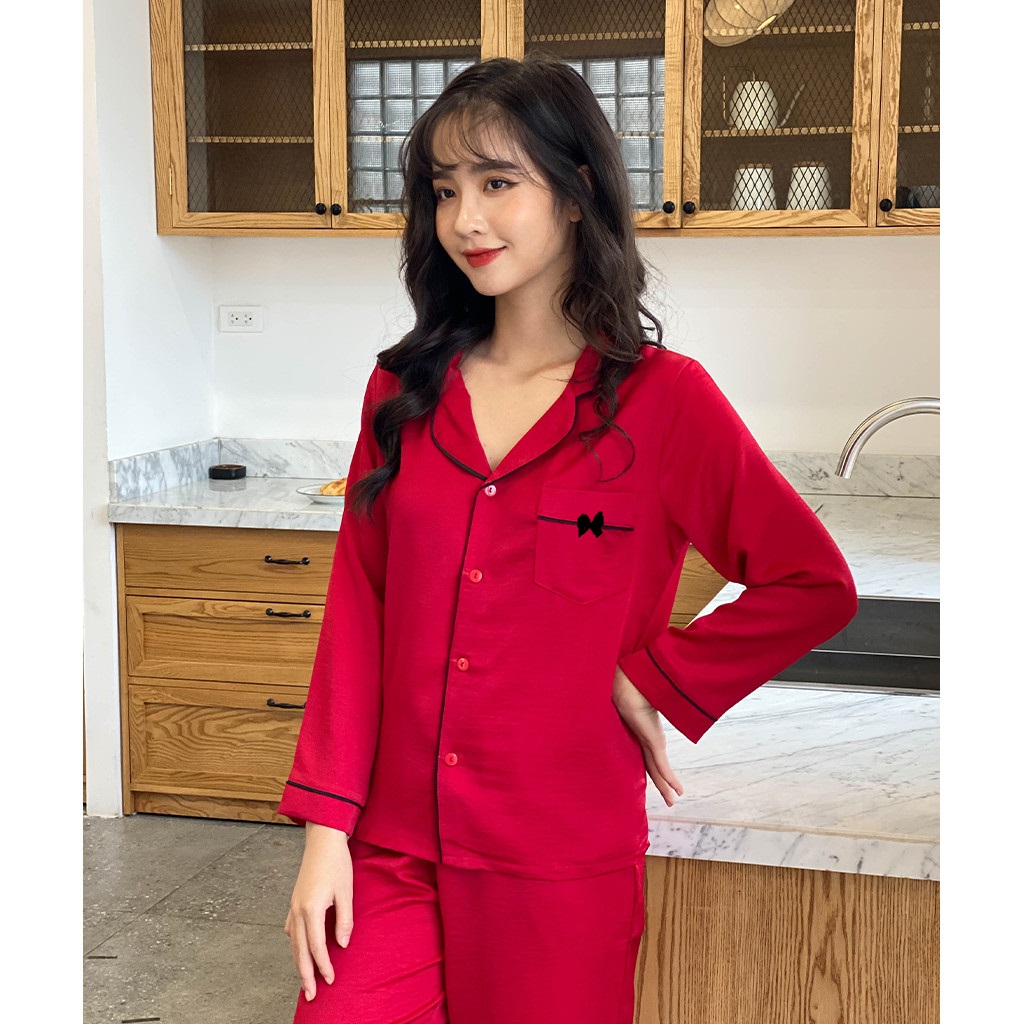 [TẾT YÊU THƯƠNG] [Bộ Đồ Ngủ Lụa Satin ] Set Bộ Lụa Satin Nơ Tay Dài Quần Dài-Đồ Bộ Mặc Nhà.