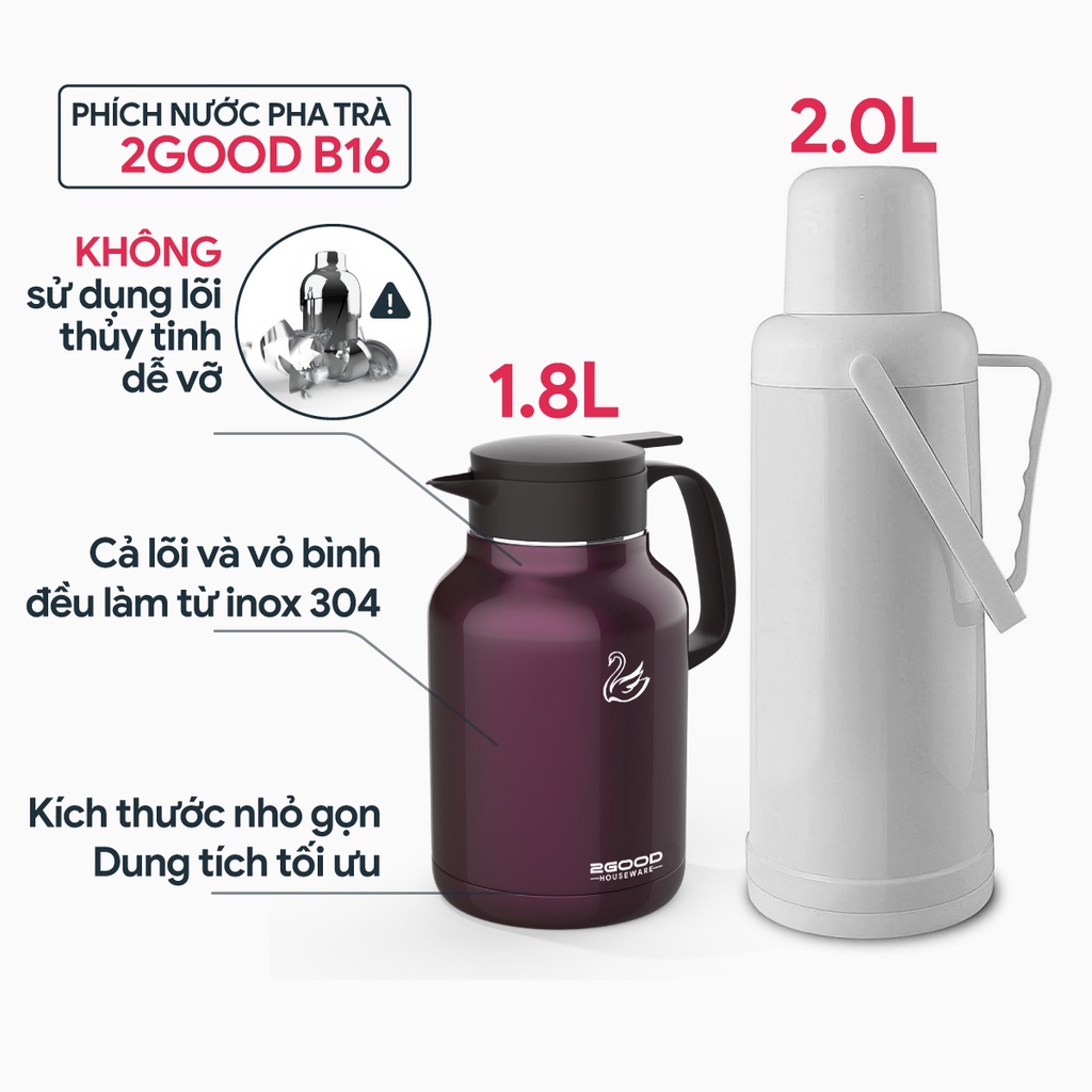 Phích Pha Trà Bình Giữ Nhiệt 2GOOD FLASK B16 (1.8L) (Giữ nhiệt 24h, chống vỡ, thiết kế đẹp, màu sắc đẹp) - Befoyo