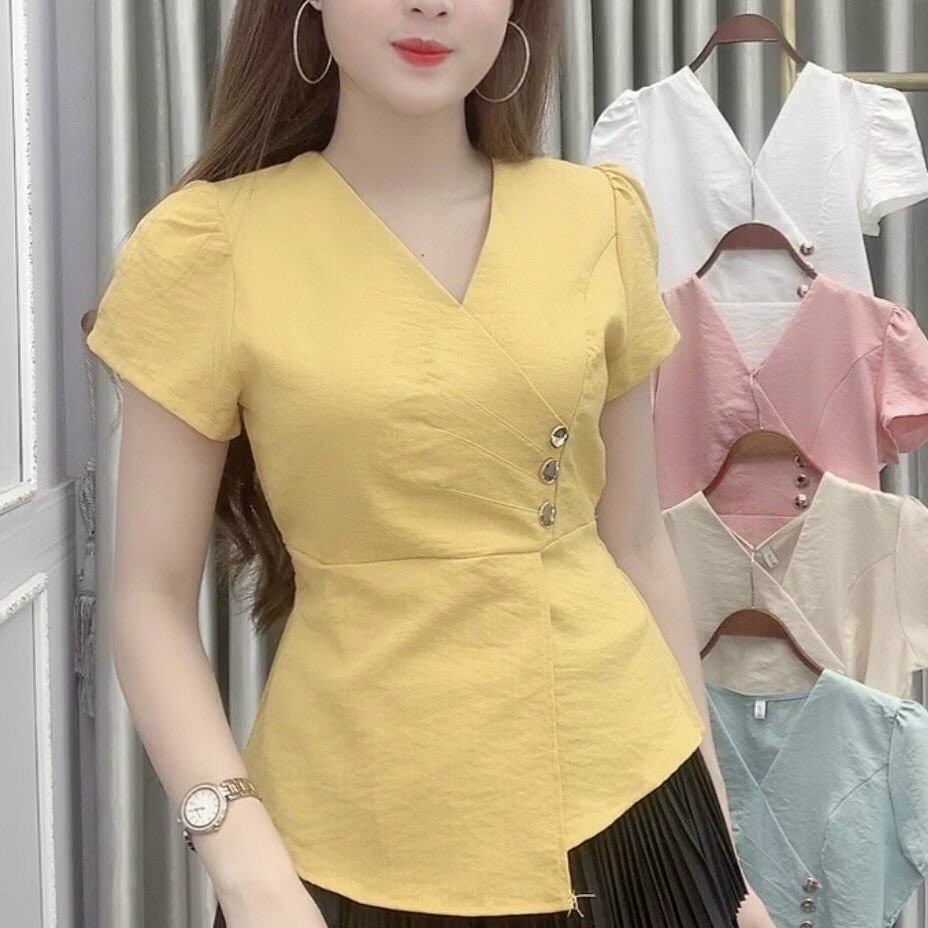 áo kiểu nữ may xếp ly phối nút đẹp nhiều màu fullsize