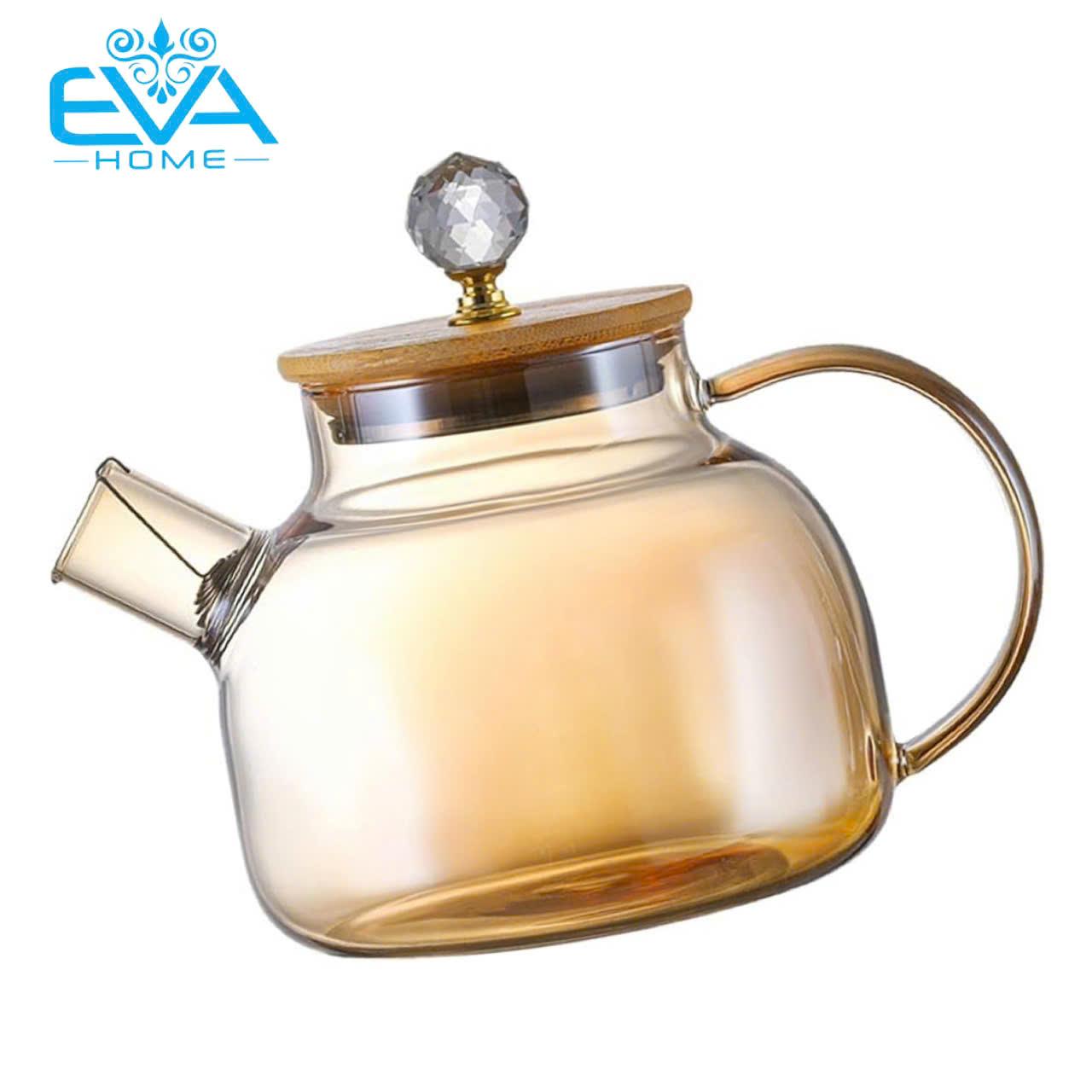 Bình Pha Trà Thuỷ Tinh Ánh Vàng Chịu Nhiệt Lưới Lọc Lò Xo Kèm Nắp Gỗ Cách Điệu Sang Trong 1000ML