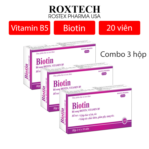Combo 3 hộp Viên uống Biotin 5mg, Vitamin B5 giúp tóc chắc khỏe, giảm gãy rụng tóc, bảo vệ da tóc - Hộp 20 viên