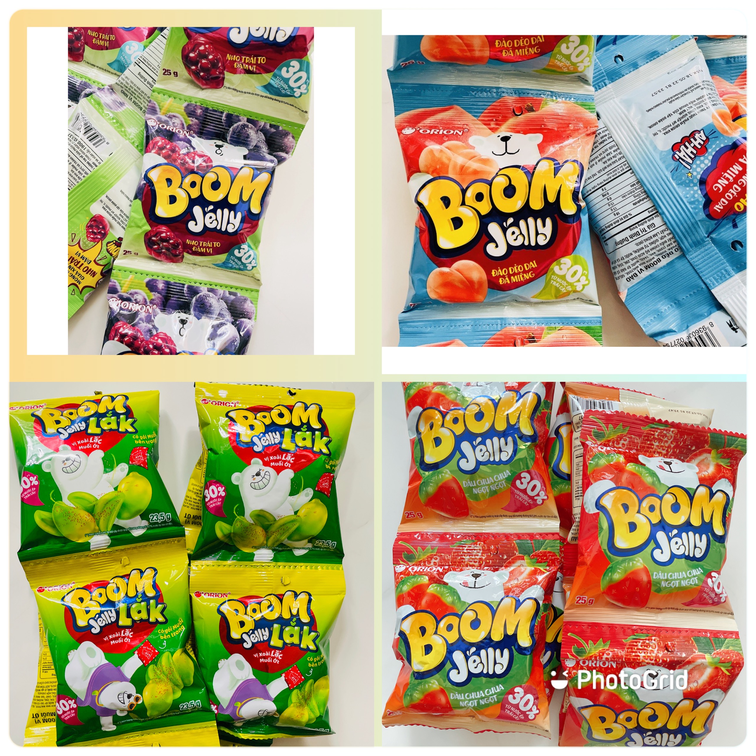 Combo 10 gói kẹo dẻo trái cây orion boom jelly vị đào, nho, dâu, xoài muối ớt