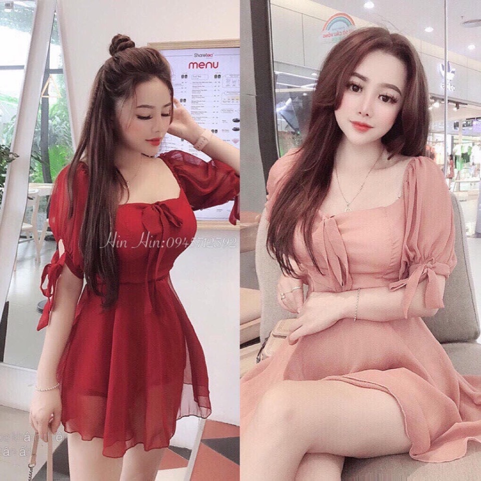 Đầm Xòa Voan Cổ Vuông Dễ Thương