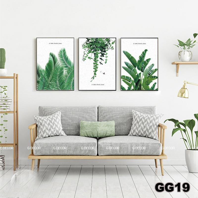 Tranh treo tường canvas 3 bức phong cách hiện đại Bắc Âu 05, tranh lá cây trang trí phòng khách, phòng ngủ, phòng ăn